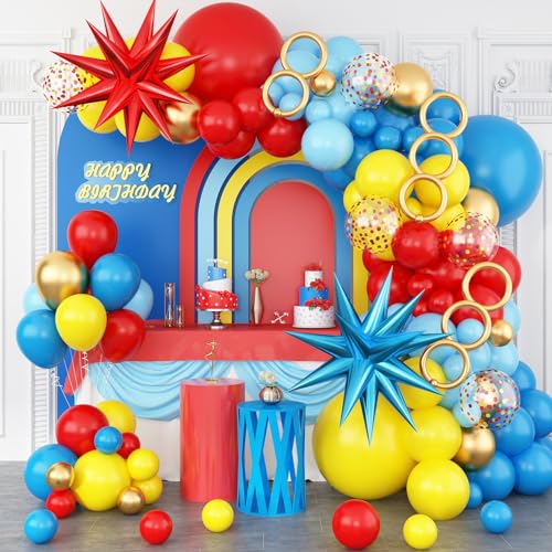 Luftballons Girlande Rot Blau Gelbe, Zirkus Geburtstag Deko Ballon Girlande Bunt Set mit 2Pcs Explosion Stern Folienballon für Karneval Zirkus Babyparty Hochzeit Kinder Geburtstagsdeko von GRESATEK