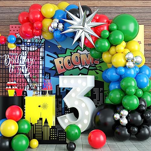 Schwarz Rot Gelb Grün Luftballon Girlande Kit, bunt mit Schwarz Rot Blau Gelb Grün Metallic Silber Luftballons Zubehör für Geburtstag, Karneval, Superhelden, Roboter-Blöcke, Video Game Themed Party von GRESATEK