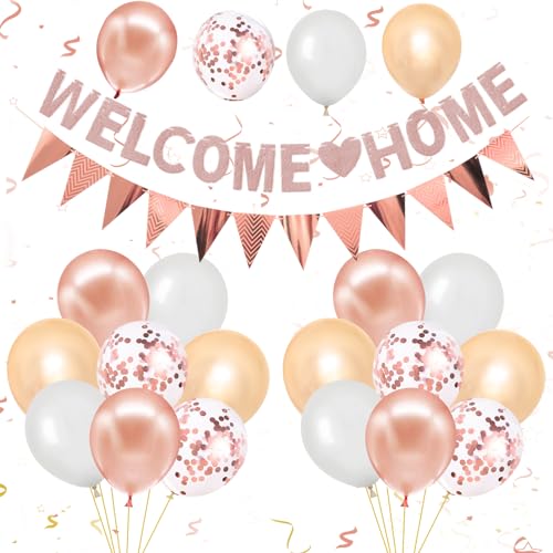 Willkommen Zuhause Deko,Girlande Willkommen Zuhause Banner Set mit Roségold Luftballons,Konfetti-Luftballons,Welcome Home Banner,Wimpelkette für Babyshowerparty,Geburt,Fest Dekorations von GRESATEK