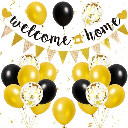 Willkommen Zuhause Deko,Girlande Willkommen Zuhause Banner Set mit Schwarz Gold Luftballons,Konfetti-Luftballons,Welcome Home Banner,Wimpelkette für Babyshowerparty,Geburt,Fest Dekorations von GRESATEK