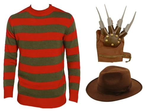 GREY LOOK Freddy Krueger Horror-Kostüm für Herren, mit Hut und Krallenhandschuhen, Freddy 3-teilig (Pullover + Hut + Handschuh), Größe L von GREY LOOK