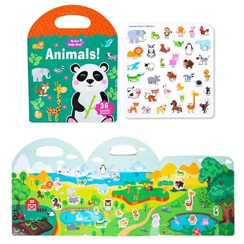 Wiederverwendbares Stickerbuch – Halten Sie Kinder von Geräten fern, 3 Sets Reiseaufkleber für Kinder, Sticker-Sammelbuchalbum, wasserdichte Stickerbücher für Kleinkinder von 2–4 Jahren (Animal) von GRFFZX