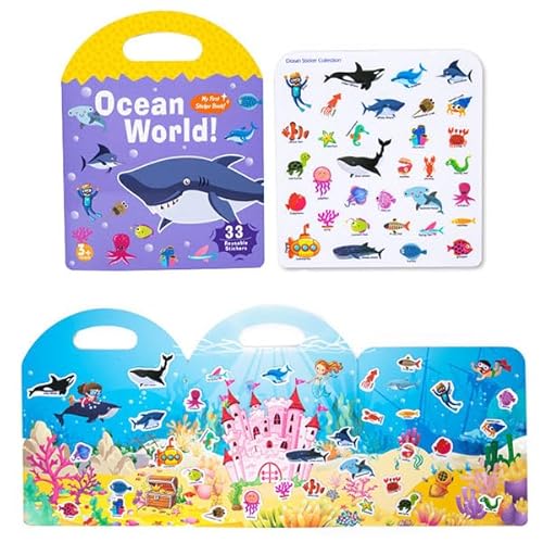 Wiederverwendbares Stickerbuch – Halten Sie Kinder von Geräten fern, 3 Sets Reiseaufkleber für Kinder, Sticker-Sammelbuchalbum, wasserdichte Stickerbücher für Kleinkinder von 2–4 Jahren (Ocean) von GRFFZX