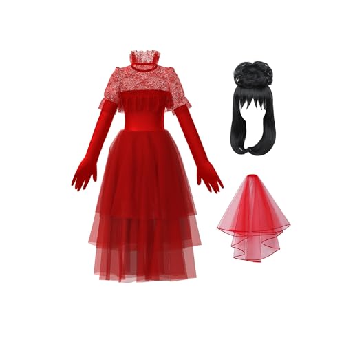 80s Mujeres Rojo Vestido Gótico Trajes de Halloween Traje Cosplay con casco Par de Guantes y Velo von GROBTE