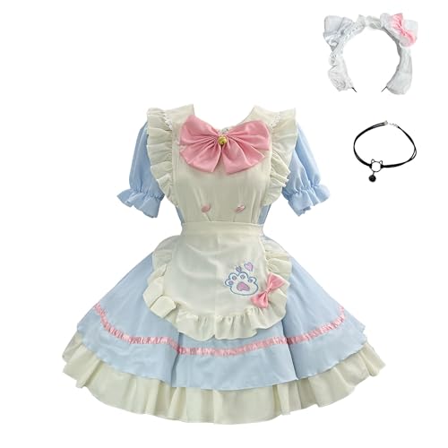 GROBTE Damen Dienstmädchen Kostüm Schleifen Rüschen Süßes Lolita Kleid Schürze Outfit Für Halloween Cosplay Mit Kopfschmuck Und Halskette von GROBTE