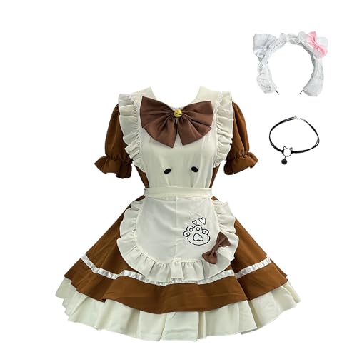 GROBTE Damen Dienstmädchen Kostüm Schleifen Rüschen Süßes Lolita Kleid Schürze Outfit Für Halloween Cosplay Mit Kopfschmuck Und Halskette von GROBTE