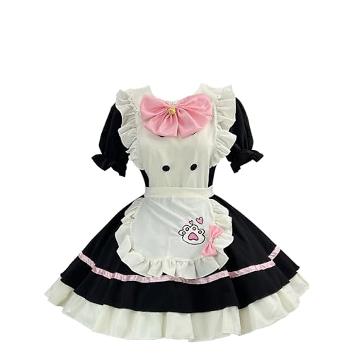 GROBTE Damen Dienstmädchen Kostüm Schleifen Rüschen Süßes Lolita Kleid Schürze Outfit Für Halloween Cosplay Mit Kopfschmuck Und Halskette von GROBTE