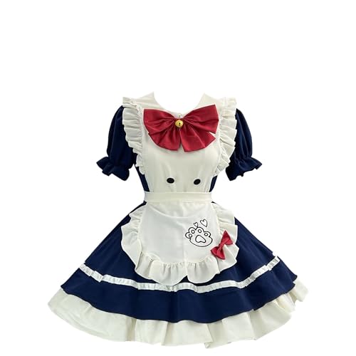 GROBTE Damen Dienstmädchen Kostüm Schleifen Rüschen Süßes Lolita Kleid Schürze Outfit Für Halloween Cosplay Mit Kopfschmuck Und Halskette von GROBTE