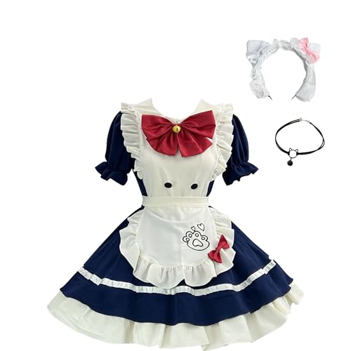 GROBTE Damen Dienstmädchen Kostüm Schleifen Rüschen Süßes Lolita Kleid Schürze Outfit Für Halloween Cosplay Mit Kopfschmuck Und Halskette von GROBTE