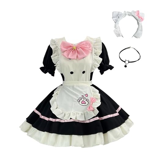 GROBTE Damen Dienstmädchen Kostüm Schleifen Rüschen Süßes Lolita Kleid Schürze Outfit Für Halloween Cosplay Mit Kopfschmuck Und Halskette von GROBTE