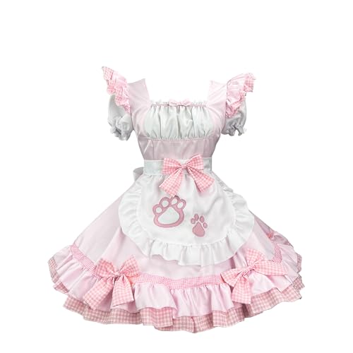 GROBTE Damen Maid Schürze Outfit Rüschen Saum Süße Lolita Kleid Mit Schleifen Maid Cosplay Kostüm von GROBTE