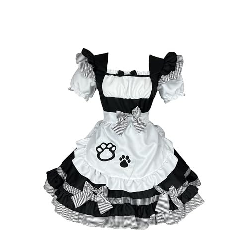 GROBTE Damen Maid Schürze Outfit Rüschen Saum Süße Lolita Kleid Mit Schleifen Maid Cosplay Kostüm von GROBTE