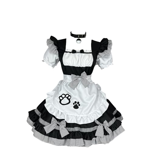 GROBTE Damen Maid Schürze Outfit Rüschen Saum Süße Lolita Kleid Mit Schleifen Maid Cosplay Kostüm von GROBTE