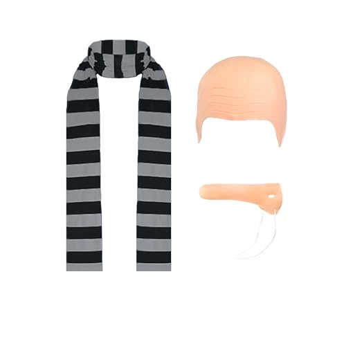 Gru Kostüm Schwarz Grau Gestreiftes Halstuch Glatze Kappe Falsche Nase Zubehör Halloween Cosplay Zubehör Set von GROBTE