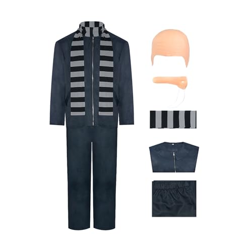 Gru Kostüm Schwarz Grau Gestreiftes Halstuch Glatze Kappe Falsche Nase Zubehör Halloween Cosplay Zubehör Set von GROBTE