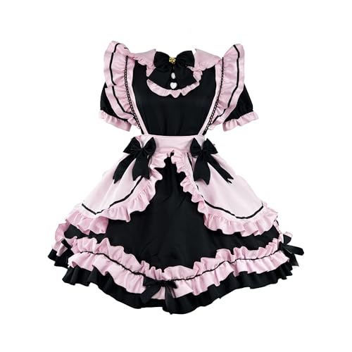 Niedliches Lolita Kawaii Kleid Sommer Süßes Rüschen Saum Bogen Kleid Hohe Taille Gothic Maid Outfit Cosplay Kostüm von GROBTE