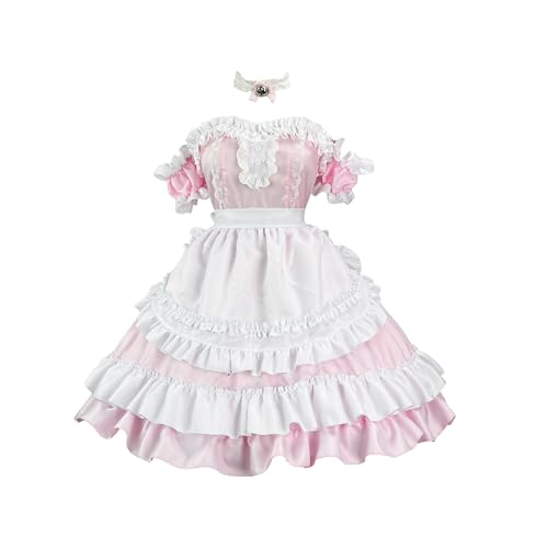 Niedliches Lolita Kawaii Kleid Sommer Süßes Rüschen Saum Bogen Kleid Hohe Taille Gothic Maid Outfit Cosplay Kostüm von GROBTE