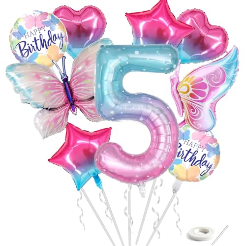 GROVBLE 10 Stück 5 Geburtstag Mädchen,schmetterlinge deko geburtstag,schmetterling folienballon,blumenfee deko,geeignet mädchen geburtstag schmetterling themen geburtstag party von GROVBLE