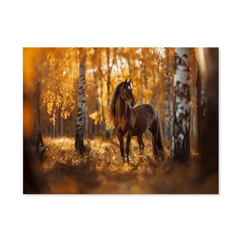 Erwachsene und Kinder Puzzle 1000 Teile Puzzle，Braunes Pferd im Herbstwald，einfaches Puzzlespiel Rollenpuzzle Lernspiel Spielzeug Familie Dekoration（38x26cm）-F86 von GSBRSNTS