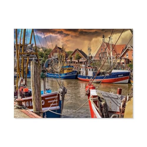 Holz Puzzle 1000 Stück，Wunderschöne Hafenatmosphäre in Neuharlingersiel，Puzzles Lernspielzeug Für Erwachsene Geburtstagsgeschenk（75x50cm）-F24 von GSBRSNTS