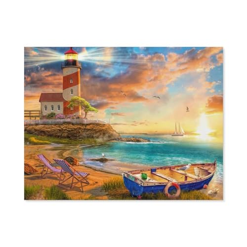 Puzzle 1000 Teile Erwachsenen Puzzle，Sonnenuntergang in der Leuchtturm-Bucht，Kind Aus Holz Puzzle Panorama Art DIY Leisure Game Fun Geschenk Spielzeug Geeignete Freunde Familie（75x50cm）-E64 von GSBRSNTS