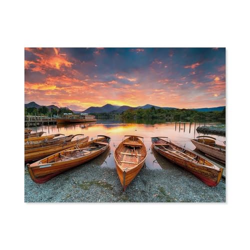 Puzzle 1000 Teile für Erwachsene，Derwent Water,Fiery Sunset Over Boats，Puzzle Teenager Jungen Mädchen Puzzle for Teen Lernspiel Holiday Challenging Puzzle（38x26cm）-B96 von GSBRSNTS