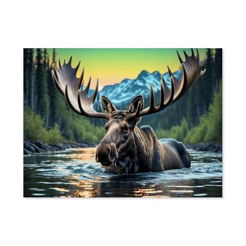 Schwimmender Elch im diffusen Licht der nördlichen Sonne，Puzzles 1000 Teile für Erwachsene, Kinder Puzzle Herausfordernde Und Schwierige Rätsel für Erwachsene Und Jugendliche（38x26cm）-F71 von GSBRSNTS