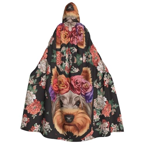 GSGCSBYMLG Yorkie Kapuzenumhang mit Blumenmuster, Unisex, Erwachsene, langer Umhang, Robe, Halloween, Weihnachten von GSGCSBYMLG