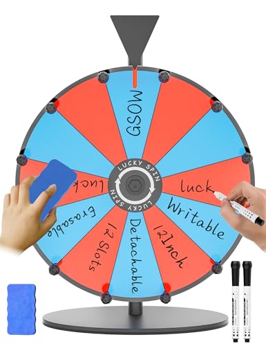 GSOW 30,5 cm großes Farb-Preisrad, 12 Schlitze, robustes Spinnrad, bearbeitbares Tombol-Spinner mit trocken abwischbaren Markern und Radiergummi, Tisch-Drehrad für Karneval, Messe, Glücksspiel von GSOW