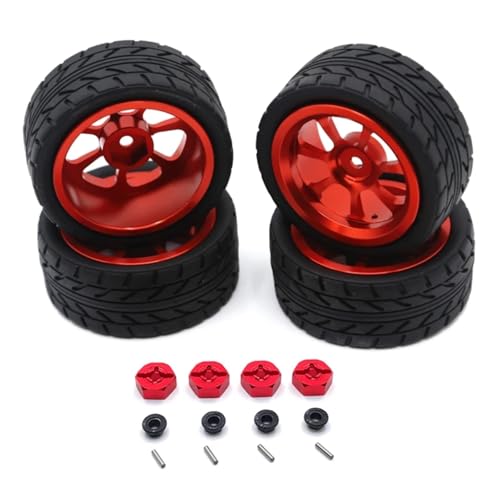 GTFRUQAS RC Ersatzteile Für Wltoys 144001 144010 124007 124016 124019 A959 A959-B 4 Stücke 65mm Gummi Reifen Metall Felge 12mm Hex RC Auto Upgrade Teile(Red) von GTFRUQAS