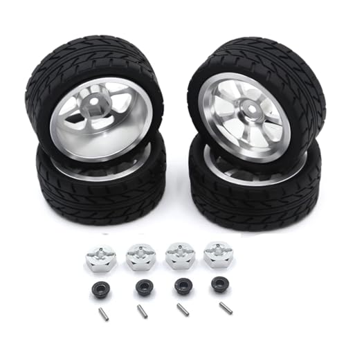 GTFRUQAS RC Ersatzteile Für Wltoys 144001 144010 124007 124016 124019 A959 A959-B 4 Stücke 65mm Gummi Reifen Metall Felge 12mm Hex RC Auto Upgrade Teile(Silver) von GTFRUQAS