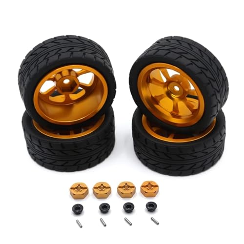 GTFRUQAS RC Ersatzteile Für Wltoys 144001 144010 124007 124016 124019 A959 A959-B 4 Stücke 65mm Gummi Reifen Metall Felge 12mm Hex RC Auto Upgrade Teile(Yellow) von GTFRUQAS