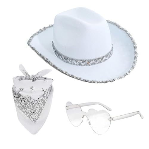 GTFYUDGH Flauschige Federkrempe Cowboyhut, Bling Cowboyhüte Für Damen, Cowboy Cowgirl Hut Set, Cowboyhut Mit Bandana Herzbrille, Cowboyhut Damen, Cowgirl Hut Für Herren Damen, Cowboy CowgirlHut von GTFYUDGH