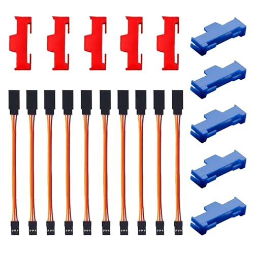 GTIWUNG 10 Stück Seitliche Schnallenclip Rot & Blau, Servo Clip Sicherung Clip Kabelschnallenclip, für Servokabel Stecksystem + 10 Stück RC Servo Verlängerungskabel 10CM 60 Kerne Servo Kabel von GTIWUNG