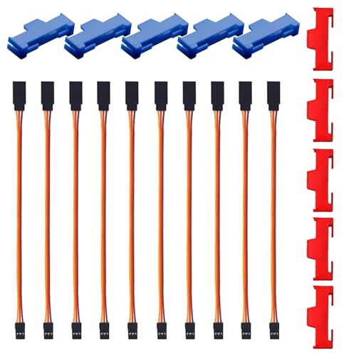 GTIWUNG 10 Stück Seitliche Schnallenclip Rot & Blau, Servo Clip Sicherung Clip Kabelschnallenclip, für Servokabel Stecksystem + 10 Stück RC Servo Verlängerungskabel 15CM 60 Kerne Servo Kabel von GTIWUNG