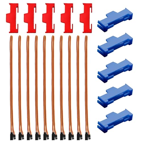 GTIWUNG 10 Stück Seitliche Schnallenclip Rot & Blau, Servo Clip Sicherung Clip Kabelschnallenclip, für Servokabel Stecksystem + 10 Stück RC Servo Verlängerungskabel 30CM 60 Kerne Servo Kabel von GTIWUNG