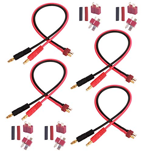 GTIWUNG 4 Stücke Ladekabel T Plug Stecker auf 4mm Bananenstecker, Deans Stil T Stecker mit 30cm 14AWG Silikon Draht, 4 Paar T-Steckverbinder mit 8 Stücke Schrumpfschlauch für RC LiPo Batterie von GTIWUNG