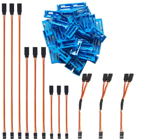 GTIWUNG 40 Stück Flache Schnallenclip Blau, Servo-Verlängerungskabel Schnallenclip, Servo Clip Sicherung Clip Kabelschnallenclip, für Servokabel Stecksystem + 12 Stück RC Servo Verlängerungskabel von GTIWUNG