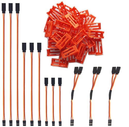 GTIWUNG 40 Stück Flache Schnallenclip Rot, Servo-Verlängerungskabel Schnallenclip, Servo Clip Sicherung Clip Kabelschnallenclip, für Servokabel Stecksystem + 12 Stück RC Servo Verlängerungskabel von GTIWUNG