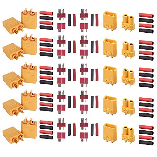 GTIWUNG 5 Paar XT60 Batterie Anschlüsse, 5 Paar XT30 Männlich Weiblich Stecker Buchse, 10 Paar Deans Rutschfester T-Stecker mit 60 stücke Schrumpfschlauch für RC LiPo Akku Hubschrauber Flugzeug von GTIWUNG