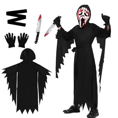 Halloween Scream Kostüm Kinder, Gruseliges Ghost Kostüm, Geistergesicht Scream Cosplay Kostü-m mit Ghostface Maske, Handschuhen und Requisitenmesser, Horror Geister Kostü-m für Halloween Karneval Halloween Scream Kostüm Kinder, Gruseliges Ghost Kostüm, Geistergesicht Scream Cosplay Kostü-m mit Ghostface Maske, Handschuhen und Requisitenmesser, Horror Geister Kostü-m für Halloween Karneval von GTJEOI