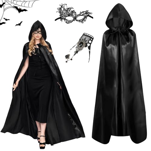 GTJEOI Halloween Umhang Damen, Schwarzer Umhang Damen mit Maske und Halskette, Halloween umhang mit Kapuze, Vampir umhang Schwarzer für Erwachsene für halloween Karneval Fasching GTJEOI Halloween Umhang Damen, Schwarzer Umhang Damen mit Maske und Halskette, Halloween umhang mit Kapuze, Vampir umhang Schwarzer für Erwachsene für halloween Karneval Fasching von GTJEOI