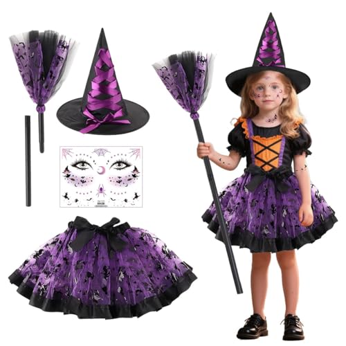 Hexenkostüm Mädchen, Halloween Hexenrock Kinder, Hexe Tutu Rock mit Hexenhut, Hexenbesen und Gesichtstattoos, Halloween Hexenkleid Mädchen, Hexe Kostüm Kinder für Hallowee-n Karneval Mottoparty Hexenkostüm Mädchen, Halloween Hexenrock Kinder, Hexe Tutu Rock mit Hexenhut, Hexenbesen und Gesichtstattoos, Halloween Hexenkleid Mädchen, Hexe Kostüm Kinder für Hallowee-n Karneval Mottoparty von GTJEOI