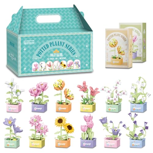 Mini Blumen Sukkulenten Bausteine Set, 12 Sukkulenten Blumenbonsai Bauspielzeugset, Pflanzen Klemmbausteine Blumen mit Verpackungsboxen für Home Deko, Kreatives Bauprojekt für Erwachsene Kinder 6+ von GTJEOI