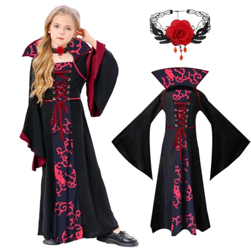 Vampir Kostüm Kinder Mädchen, Gothic Vampirkostüm Karneval, Vampir Kleid Verkleidung mit Halskette, Vampirkostüm für Mädchen, Gothic Vampir Prinzessin Kostüm für Halloween Karneval Cosplay von GTJEOI