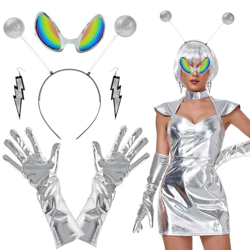 Alien Kostüm Set, Alien Kostüm Accessoires, Alien Cosplay Kostümzubehör, Alien Haarreif+Alien Brille+Alien Ohrringe+Alien Handschuhe, Alien Kostümzubehör für Karneval, Thema Party, Cosplay (Silber) von GTYARYUA