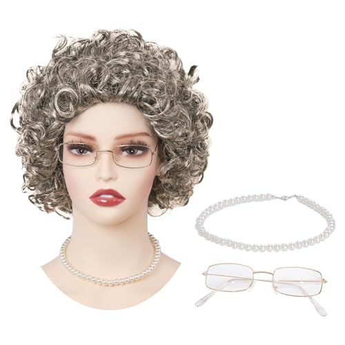 Oma Perücke Kostüm Set, 3 Stück Oma Kostüm Alte Frau, Perücke Oma Alte Frau Damen, Oma Perücke für Erwachsene, Großmutter Cosplay Zubehör mit Oma Perücke, Perlenkette und Oma Brille von GTYARYUA