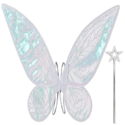 Feenflügel Kinder Schmetterlingsflügel Elfenflügel Damen, Weiße Feen Flügel Karneval mit Sternenstab, Glitzernde Schiere Flügel für Kostüm Verkleiden, Cosplay ＆ Party Gunst von GTYYBH