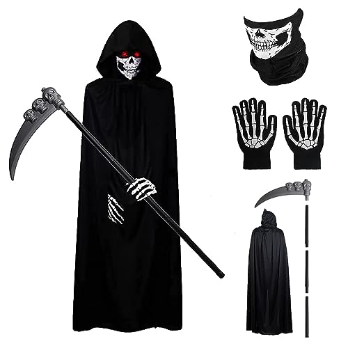 Halloween Sensenmann Kostüm, Gruseliges Halloween Kostüm Set mit Schwarzem Kapuzenumhang,Totenkopf Gesichtsmaske, Skelett Handschuhe und Todessense, Ideal für Halloween Cosplay Kostüm Requisiten von GTYYBH