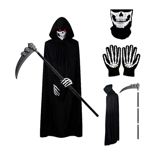 GTYZZH Halloween Sensenmann Kostüm,Gruseliges Halloween Kostüm Set mit Schwarzem Kapuzenumhang,Totenkopf Gesichtsmaske,Skelett Handschuhe und Todessense,Ideal für Halloween Cosplay Kostüm Requisiten von GTYZZH